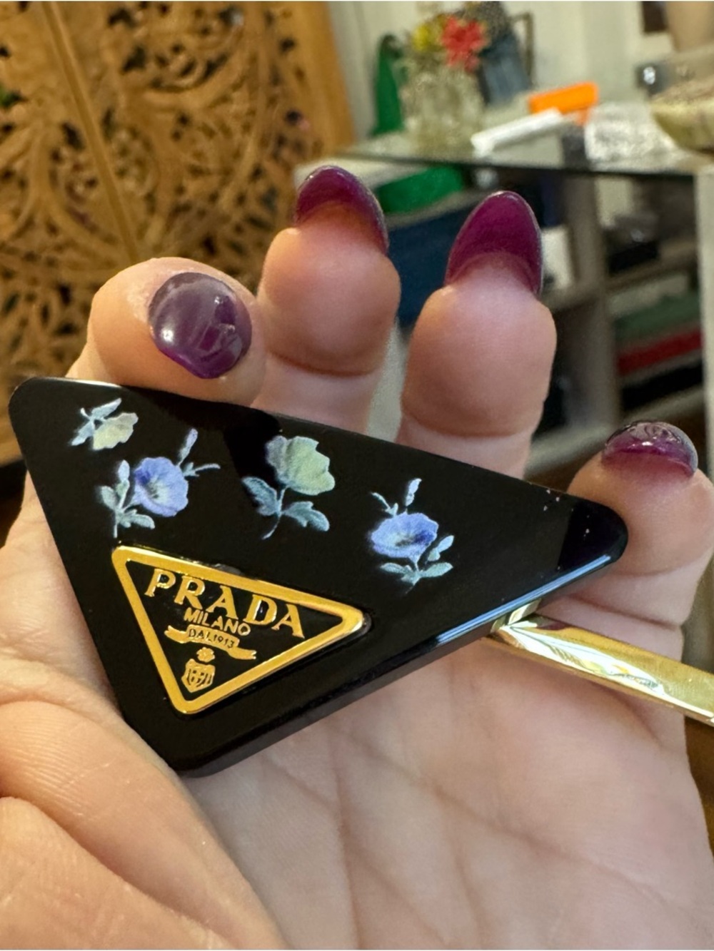 PRADA Gold-Tone Black Floral Triangle Hair Clip